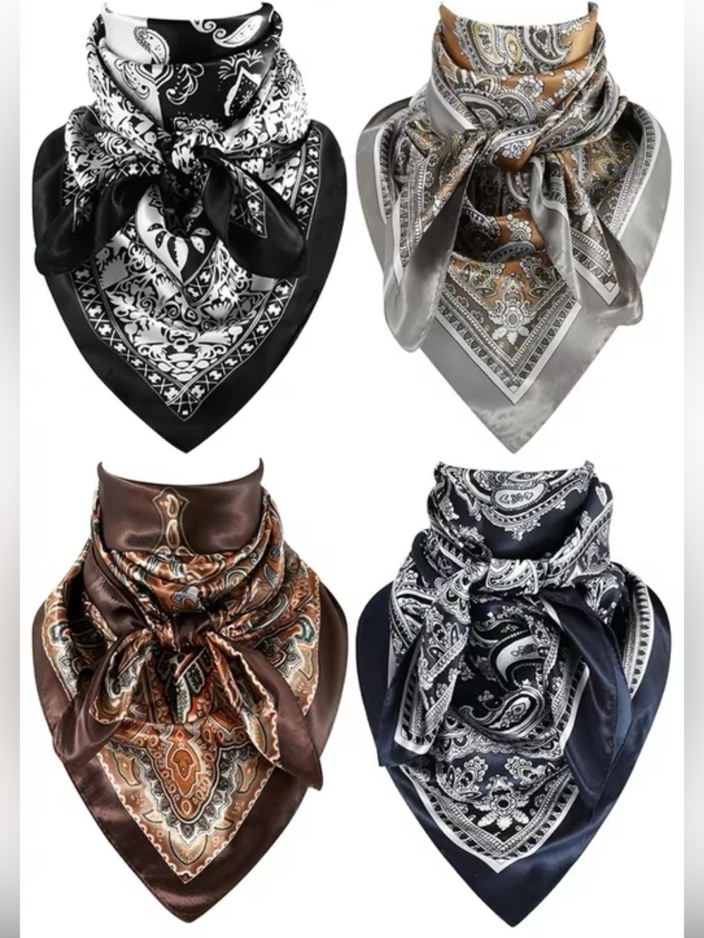 Paisley Square Scarf - Black, Silver, Brown & Navy Set of 4